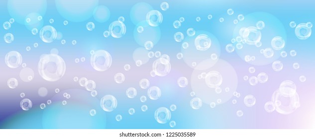 realistic bubbles and white smoke on a blue background. Realistic Soap or Water Bubbles