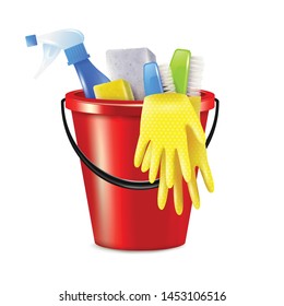 Realistic bucket cleaning composition with isolated image of plastic bucket with cleaning supplies and disinfection agents vector illustration