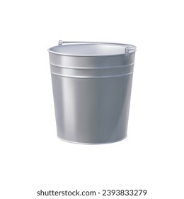 Realistic bucket, metal container and bin. Isolated 3d vector sturdy pail with a handle, used for carrying, storing, or transporting items, offer durability and practicality in gardening or households