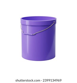 Realistic bucket, metal container and bin. Isolated 3d vector purple sturdy pail with a handle, used for carrying, storing, or transporting items, offer practicality in gardening or household tasks