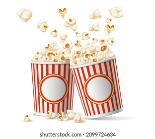 Realistic bucket popcorn. Salty and caramel cornflakes. Roasted corns flying out of cardboard cup. Cinema snacks. Fast food package. Blank striped cylindrical containers