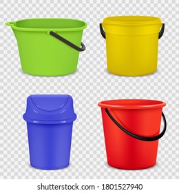Realistic buckets. Metal and plastic material for water or garbage empty buckets vector 3d templates