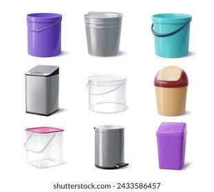 Realistic buckets, plastic containers and metal bins. Isolated 3d vector set of trash cans and pails for waste disposal and organization. Versatile tools for tasks like cleaning, gardening or storage