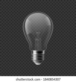 Realistic bulb. Turned off isolated on transparent background 3D lamp, incandescent or fluorescent illumination, electrical equipment, creative idea, inspiration and think symbol, vector single object