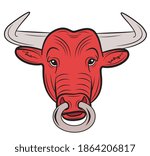 Realistic bull head with a nose ring. Bull logo isolated on white background. Vector illustration.