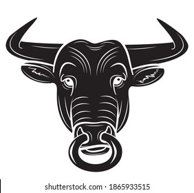 Realistic Bull Head With A Nose Ring. Bull Logo Isolated On White Background. Vector Illustration.