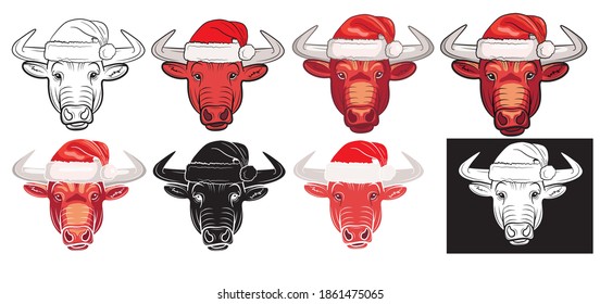 Realistic bull head in a Santa Claus hat set isolated on a white background. Vector illustration.