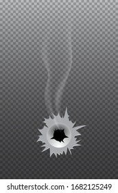 Realistic Bullet Steel Deep Round Hole With Torn Edges And Smoke Trace Gridded Grey Transparent Gradient Background. Cracked Damaged Destructed Metallic Surface With Weapon Gunshot. Handgun Shoot