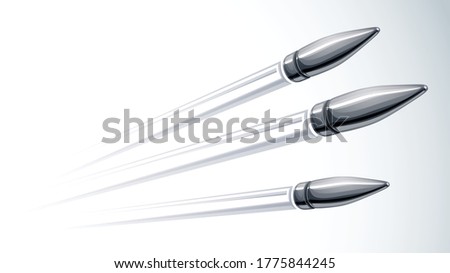 Realistic bullets flying over white, vector 3D illustration.