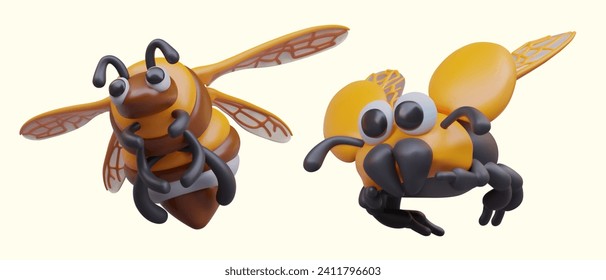 Realistic bumblebee and yellow beetle in flight. Colorful insects with unfolded textured wings. Set of isolated illustrations. Vector characters, bottom view