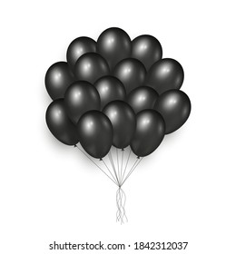 Realistic bunch of black balloons isolated on white background