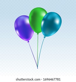 Realistic bunch of flying helium balloons. Birthday party balloon set isolated on transparent background. Premium quality vector illustration.