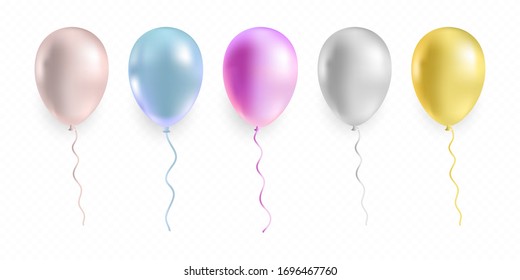 Un grupo realista de globos de helio voladores brillantes. Composición de globo de fiesta de cumpleaños aislada en fondo transparente. Ilustración vectorial de calidad superior.