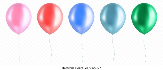 Realistic bunch of glossy flying helium balloons. Birthday party balloon composition isolated on transparent background. Premium quality vector