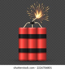 Realistic bunch of red detonate dynamite bomb sticks with fire flash. Vector illustration. Eps 10.