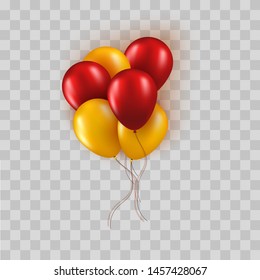 Realistic bunch of red and yellow balloons isolated on transparent background. Vector greeting card element for Birthday or Black Friday Sale concept.