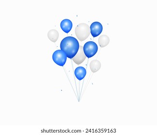 Grupos de globos de helio azules y blancos realistas. Concepto de celebración de cumpleaños y aniversario. ilustración vectorial.