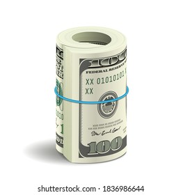 Realistic bundle of dollar bills isolated on white background with shadow. Realistic roll of american money 3d rendering. Economy and finance concept. Vector illustration