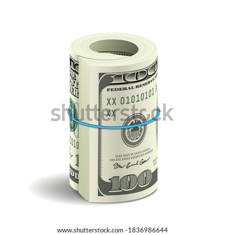 Realistic bundle of dollar bills isolated on white background with shadow. Realistic roll of american money 3d rendering. Economy and finance concept. Vector illustration