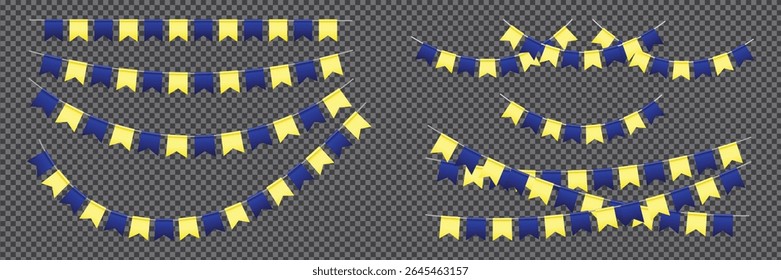 Realistic Bunting flag set, Blue and Yellow vector pennants hanging on the rope. Colorful flag garland for party and holiday decorations isolated on transparent background. Ukrainian bunting flags