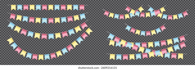 Realistic Bunting flags set, Pink, Blue and Yellow vector pennants hanging on the rope. Colorful flag garland for party and holiday decorations