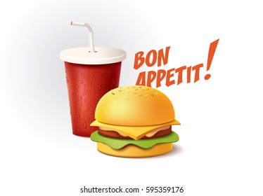 Realistic burger and cola with 3d effect. Fast food. Bon appetit!