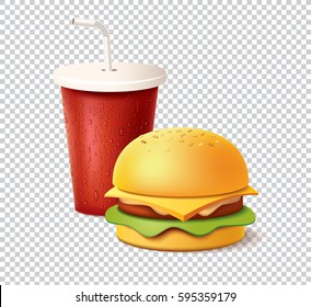 Realistic Burger And Cola With 3d Effect. Fast Food. Bot Appetit!