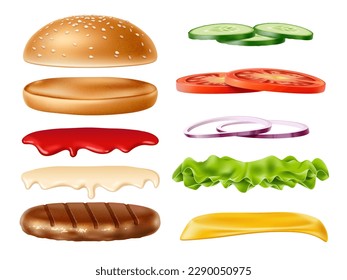 Realistic burger ingredients kit. Isolated 3d wheat bun with sesame seeds, ketchup, mayonnaise, vegetables and meat patty, onion and cheese, delicious fast food constructor utter vector set