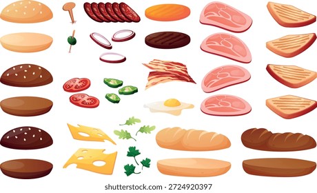 Kit de ingredientes de hambúrguer realista. Bolinho de trigo 3D isolado com sementes de sésamo, ketchup, maionese, legumes e massa de carne, cebola e queijo, delicioso conjunto de utensílios de construtor de fast food