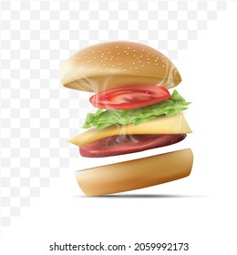 realistic burger isolated on transparent background.