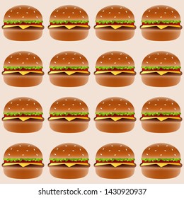 Realistic burger vector seamless pattern illustration. Classic American fast food hamburger, cheeseburger. Vector EPS 10.