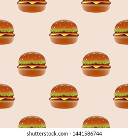 Realistic burger vector seamless pattern vector illustration. Classic American fast food hamburger, cheeseburger. Vector EPS 10.