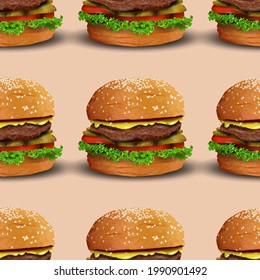 Realistic burger vector seamless pattern illustration. Classic american hamburger fast food vector