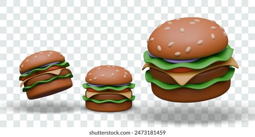 Realistic burger, view from different sides. Round bun with meat and vegetable layers