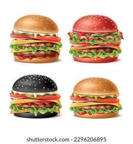 Realistic burgers. Different recipes layered fast food, hamburger, cheeseburger and chicken burger, black sesame bun, grilled cutlets and fresh vegetables, 3d isolated element utter vector set