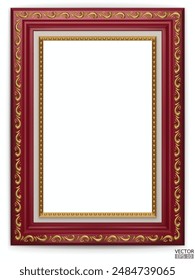 Realistic Burgundy red wooden vintage frame on white background.  Rectangle frames mockup. Classic Photo wood frame. Burgundy border for painting, poster, and photo gallery. 3d vector illustration.