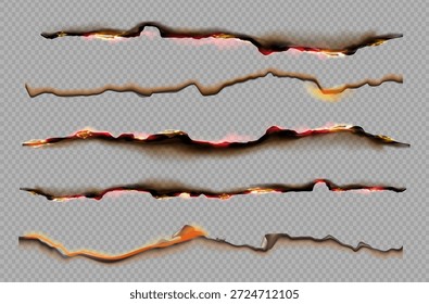 Los bordes realistas del papel quemado fijan las líneas brillantes de la lágrima del fuego con la textura carbonizada en fondo transparente