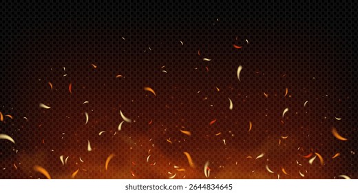 Realistic burning background with flames, sparks and embers flying in smoke. Hot glow in red, orange and black evokes fireplace, bonfire or apocalypse scenes. Heat or firepower themes bg.