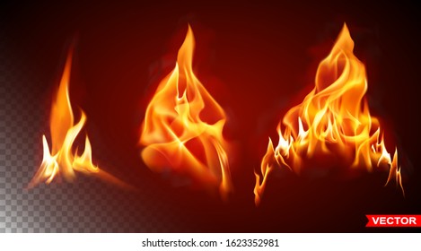 Realistic burning big fire flames with shiny bright elements. Isolated on black background. Power, fuel and energy symbol. Layered vector icon set.