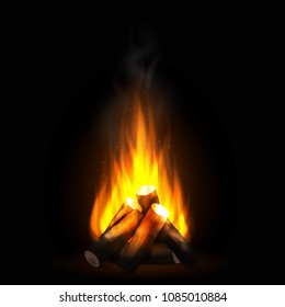 Realistic burning bonfire with wood. Blazing campfire, firewood and smoke. Bright flame. Design element for travel or camping concept. Vector illustration on dark background.