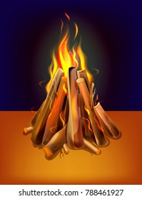 realistic burning bonfire with wood, vector illustration