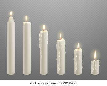 Realistic burning candle burn step by step. Lit wax candles, flickering lights decor element. White candlelight, christmas or religion church pithy vector fire