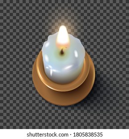 Una vela real ardiendo con candelabros de cobre sobre un fondo transparente. Ilustración del vector 3d
