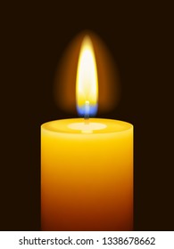 Realistic burning candle isolated on black background. Vector illustration