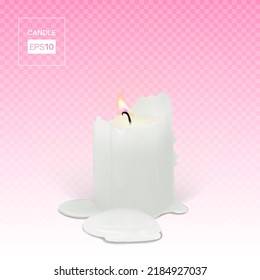 Realistic burning candle on a transparent background. 3d candle with melting wax, flame and halo of light. Vector illustration with mesh gradients. EPS10.