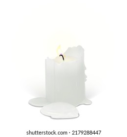 Realistic burning candle on a white background. 3d candle with melting wax, flame and halo of light. Vector illustration with mesh gradients. EPS10.