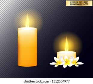 Realistic burning candle. Transparency grid. Special effect. Ready to apply to your design. Graphic element for documents, templates, posters, flyers. Vector illustration