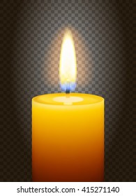 Realistic burning candle. Transparency grid. Special effect. Ready to apply to your design. Graphic element for documents, templates, posters, flyers. Vector illustration
