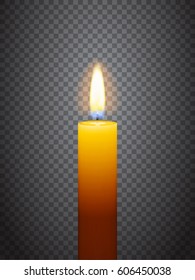 Realistic burning candle. Transparency grid. Special effect. Ready to apply to your design. Graphic element for documents, templates, posters, flyers. Vector illustration