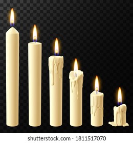 Realistic burning candle. Wax candles reflow stages, holiday xmas or church burning wick candles vector isolated realistic icons set. Taper of different size with flame illustration